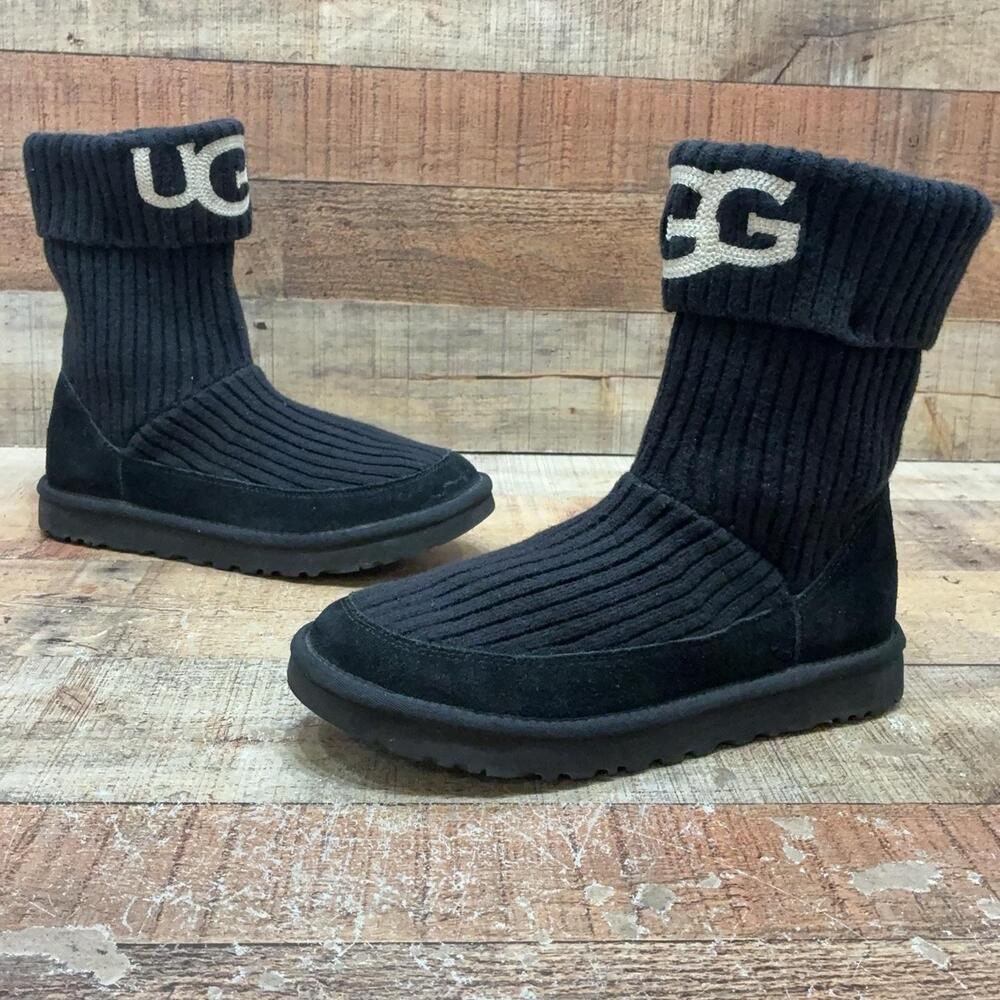UGG 1105709 Boots Womens Size 8 39 Black Suede Knit Mid Calf Zip Logo Winter
